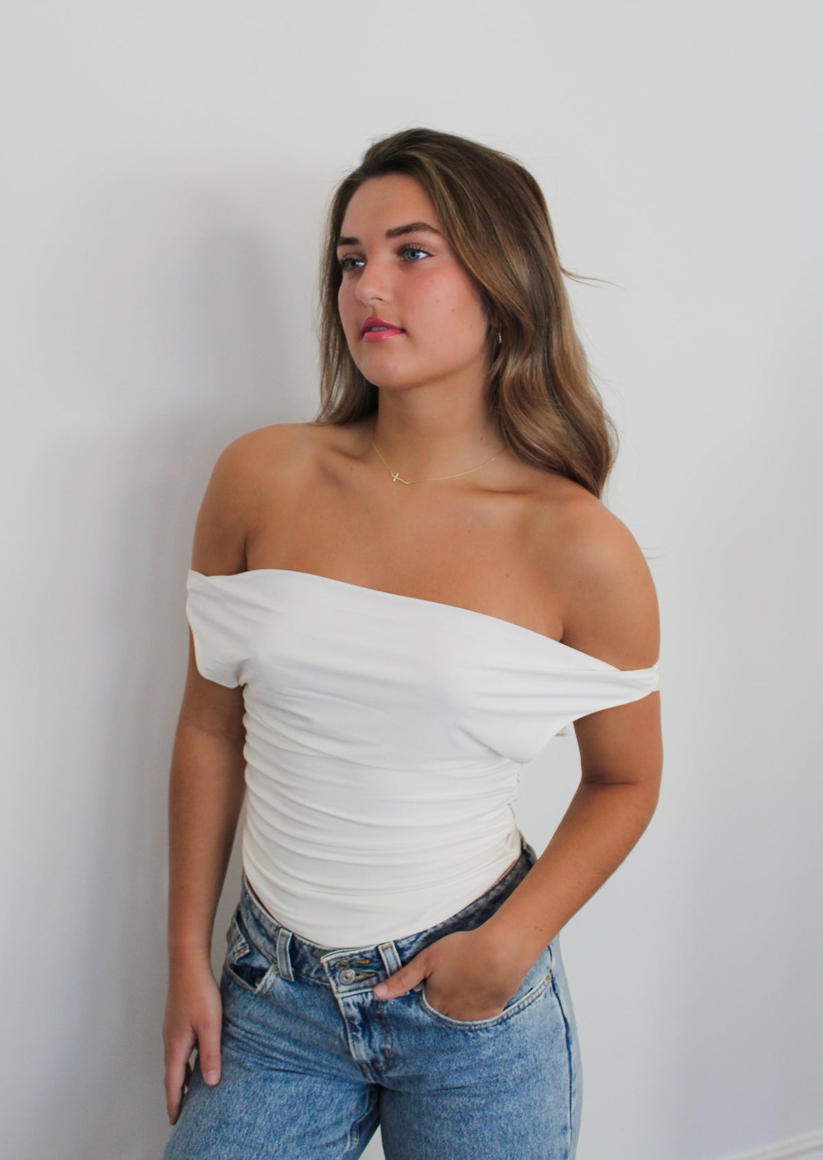 Clean Girl Off-The-Shoulder White Crop Top